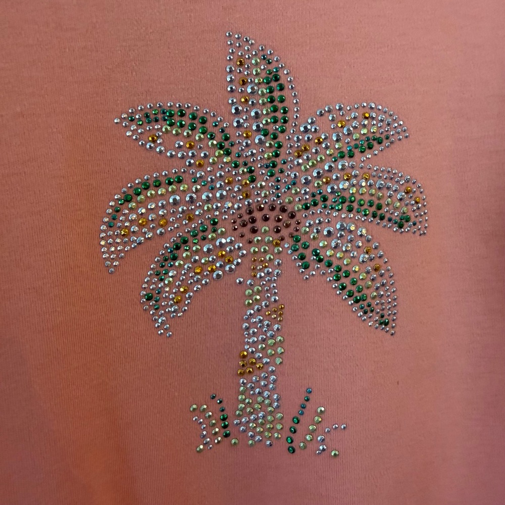 Y2K Rhinestone Palm Tree Peach Pink Sparkly Cotton Graphic Tee 2X - Picture 2 of 10